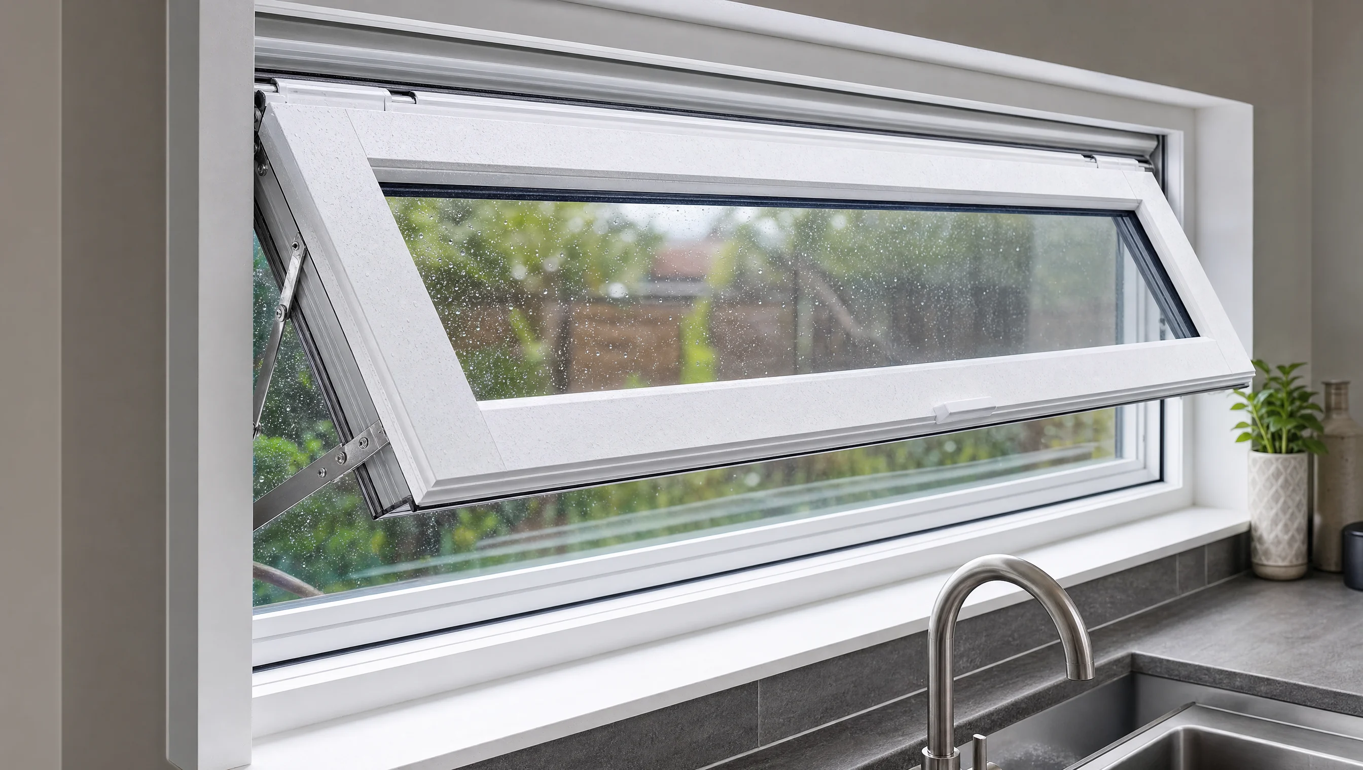 Fenêtre à auvent ouverte vers l'extérieur au-dessus de l'évier de cuisine avec ventilation estivale