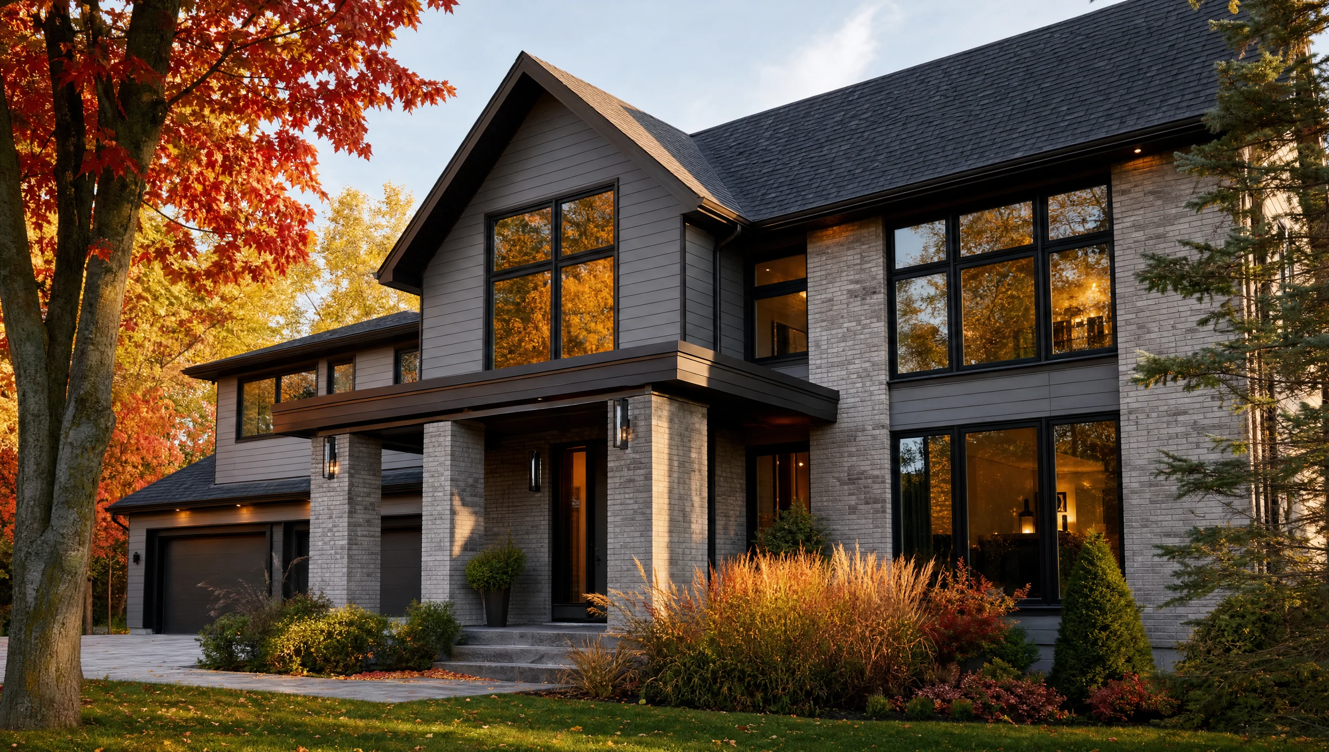 Maison québécoise moderne en début d’automne avec grandes fenêtres écoénergétiques