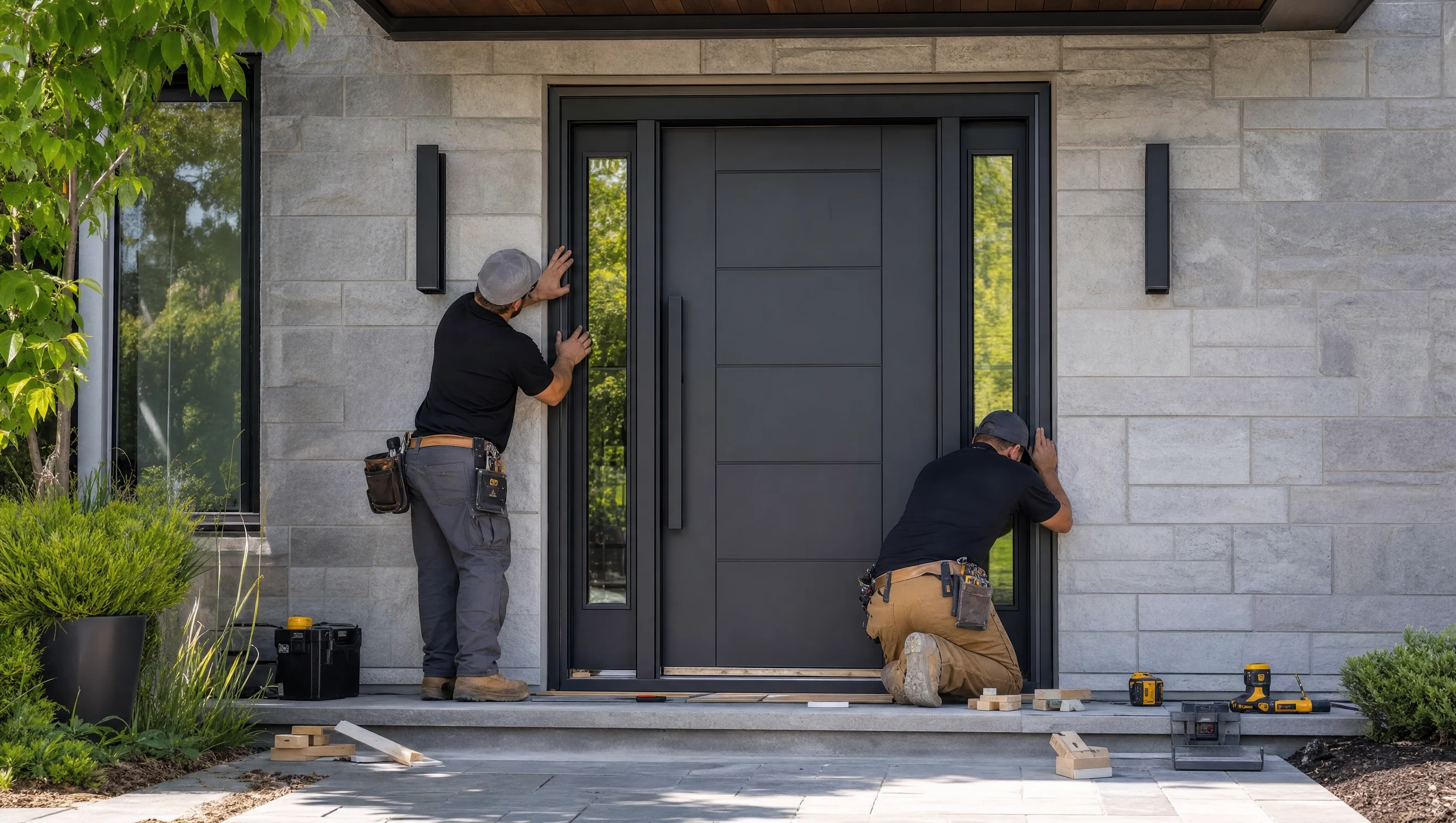 Installateurs professionnels posant une porte d’entrée moderne dans une maison québécoise