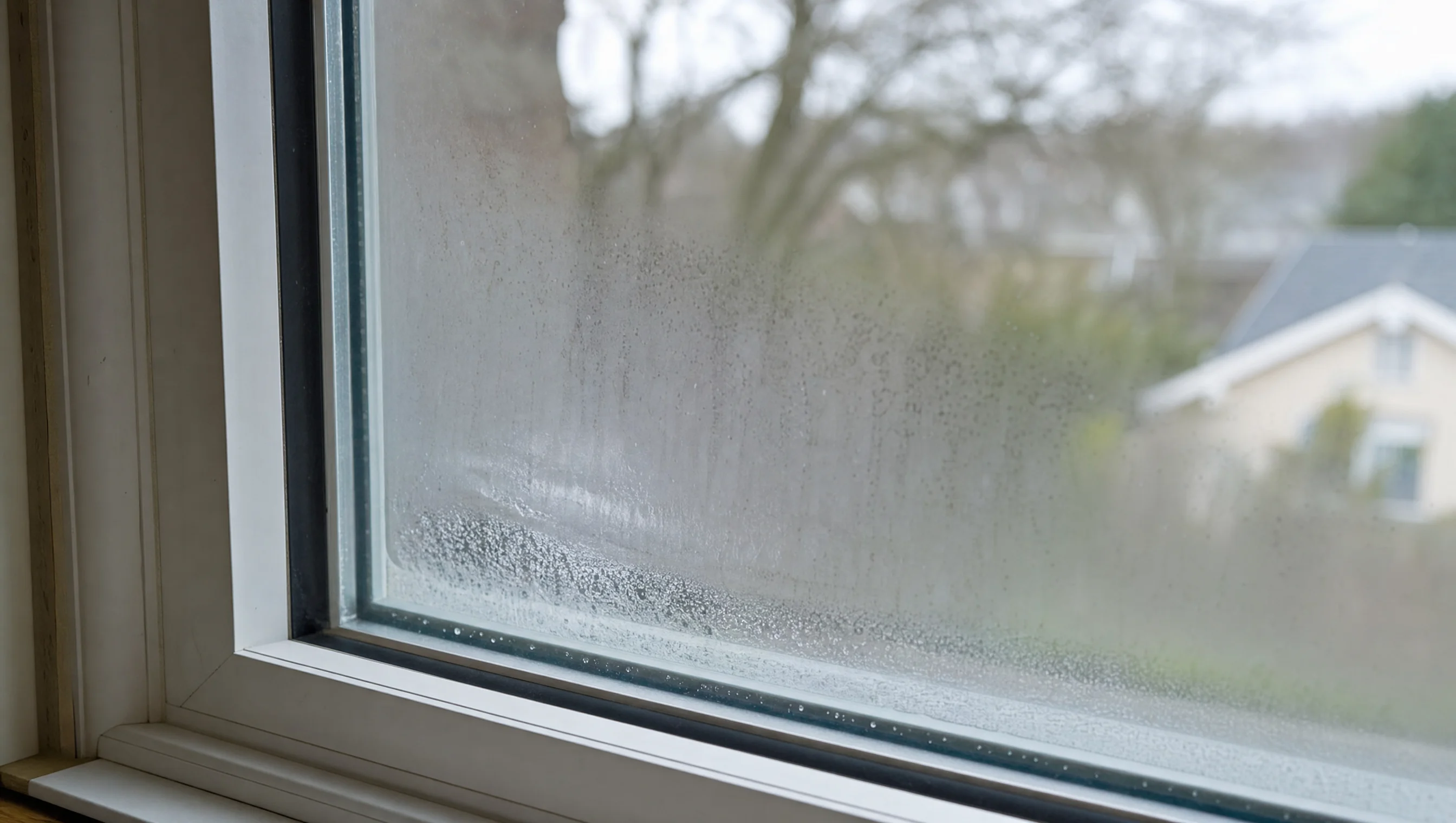 Gros plan d'une fenêtre double vitrage embuée avec joint défaillant montrant la condensation