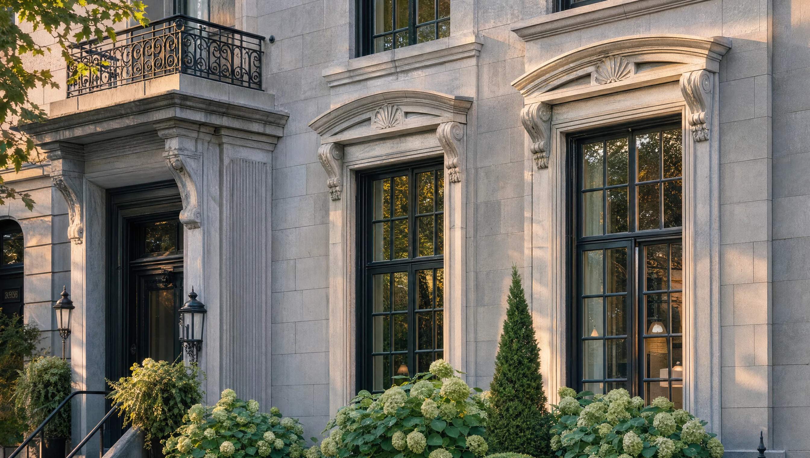 Magnifique maison patrimoniale en pierre grise de Westmount avec fenêtres à carreaux classiques