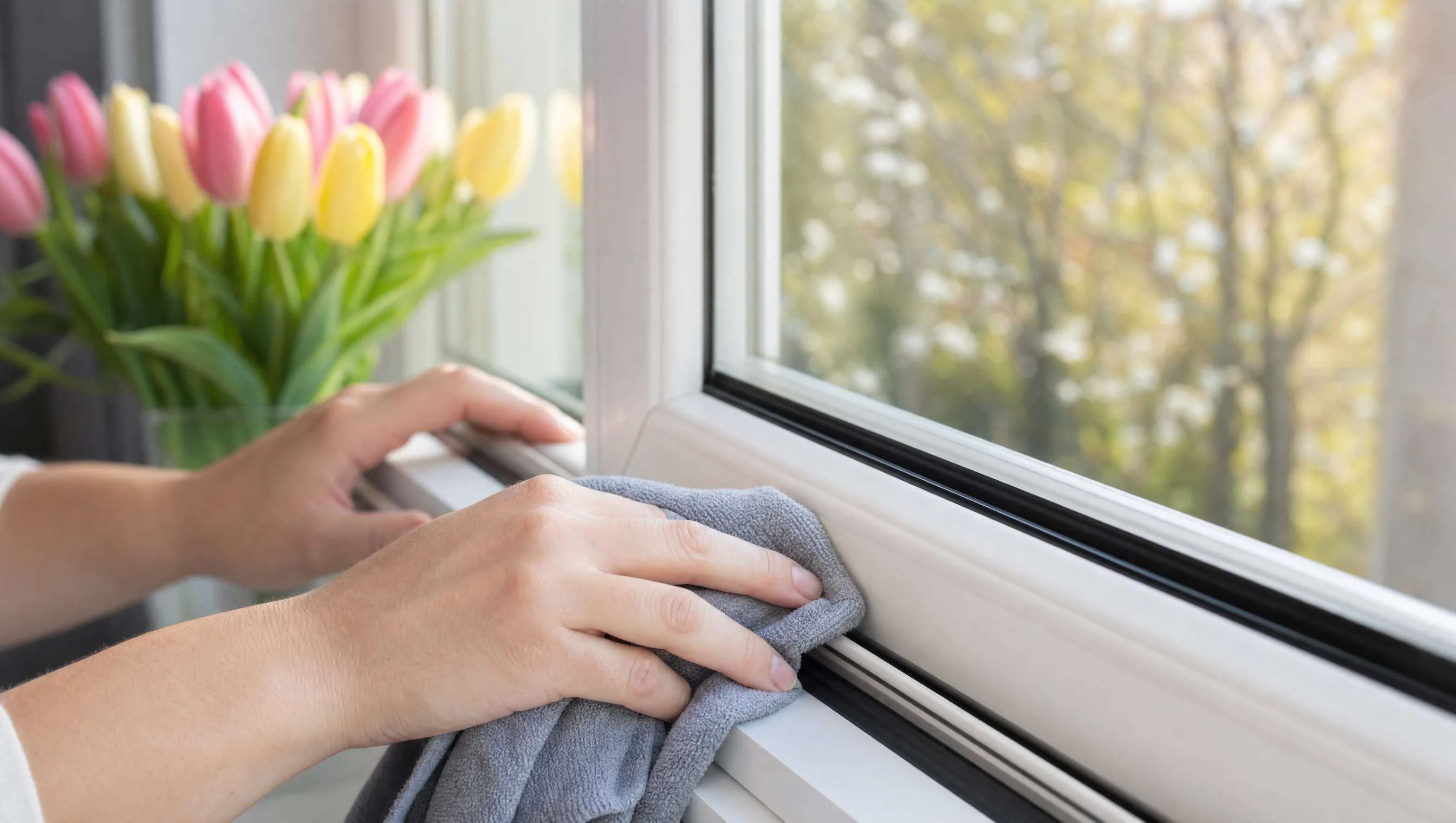 Propriétaire nettoyant et inspectant les coupe-froid d'une fenêtre lors de l'entretien printanier