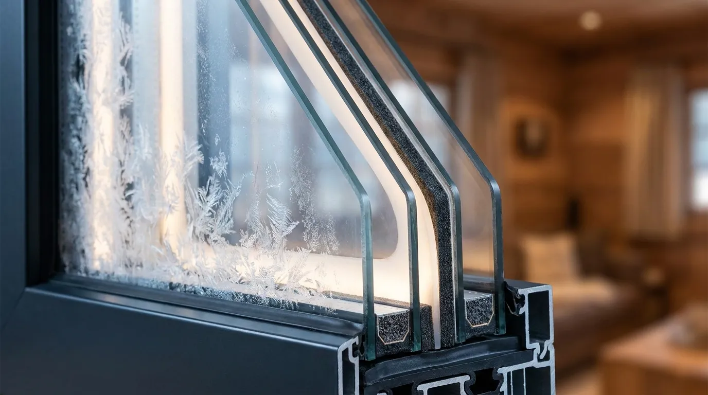 Gros plan sur le coin d une fenêtre à triple vitrage montrant trois verres et intercalaires