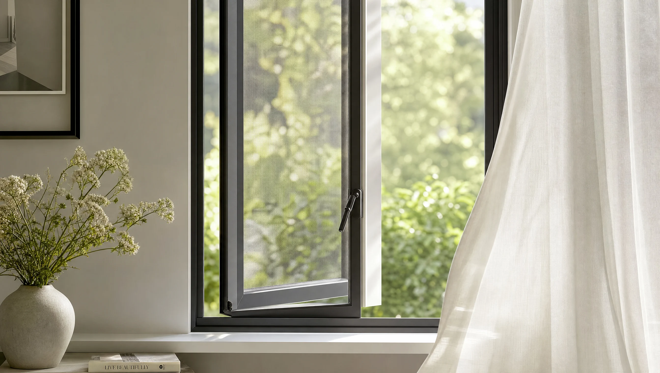 Fenêtre québécoise moderne avec moustiquaire laissant passer la brise estivale dans un intérieur calme